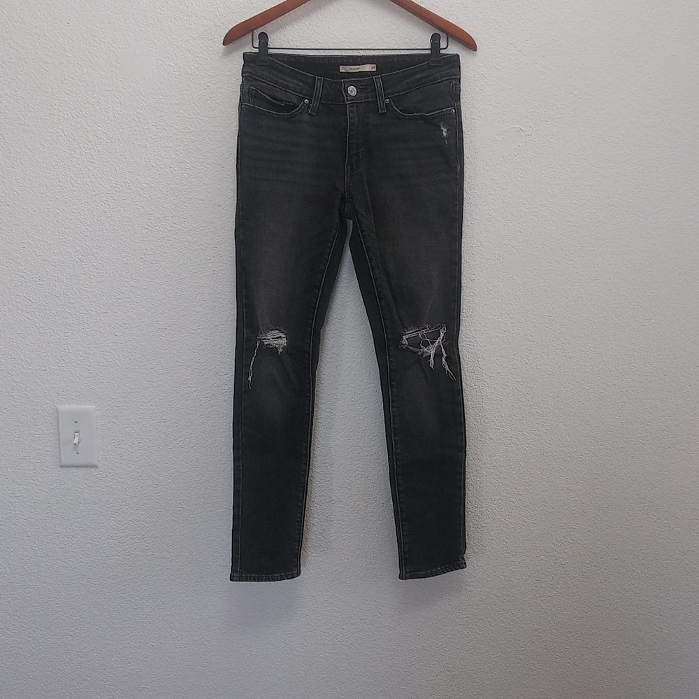 Levi's 711 Skinny Black Distressed Knee Jeans